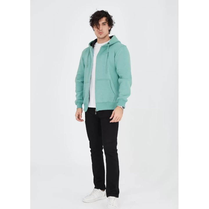 Unisex Tam Fermuarlı Kapşonlu  SweatShirt - Mint Yeşili