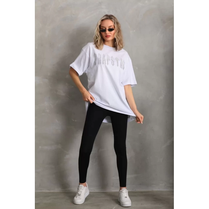 Unisex Taş Desenli Oversize T-Shirt - Beyaz