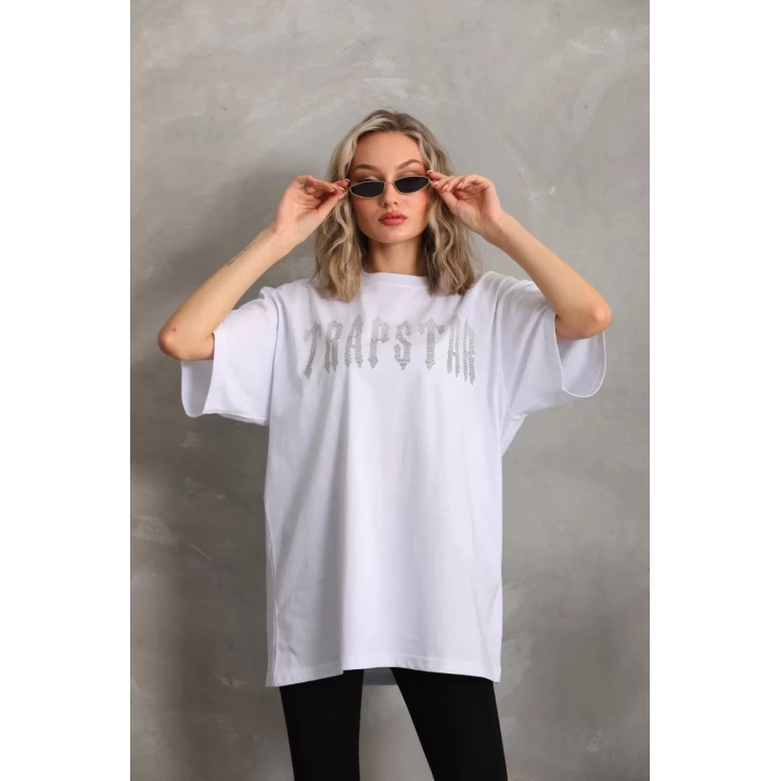 Unisex Taş Desenli Oversize T-Shirt - Beyaz