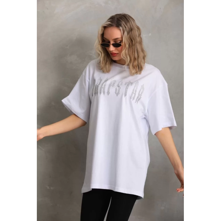 Unisex Taş Desenli Oversize T-Shirt - Beyaz