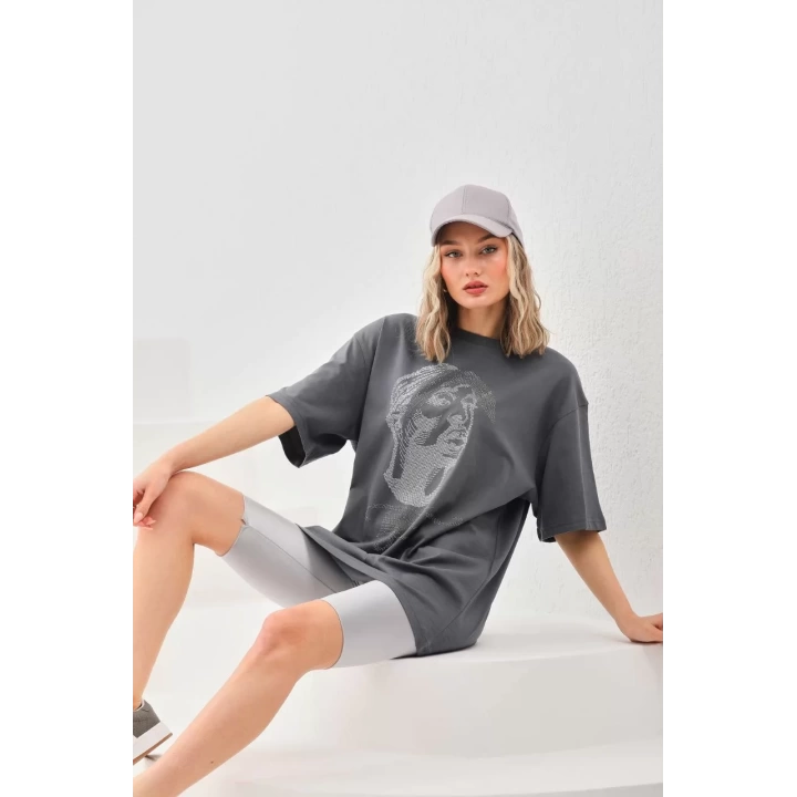 Unisex Taş Desenli Oversize T-Shirt - Füme