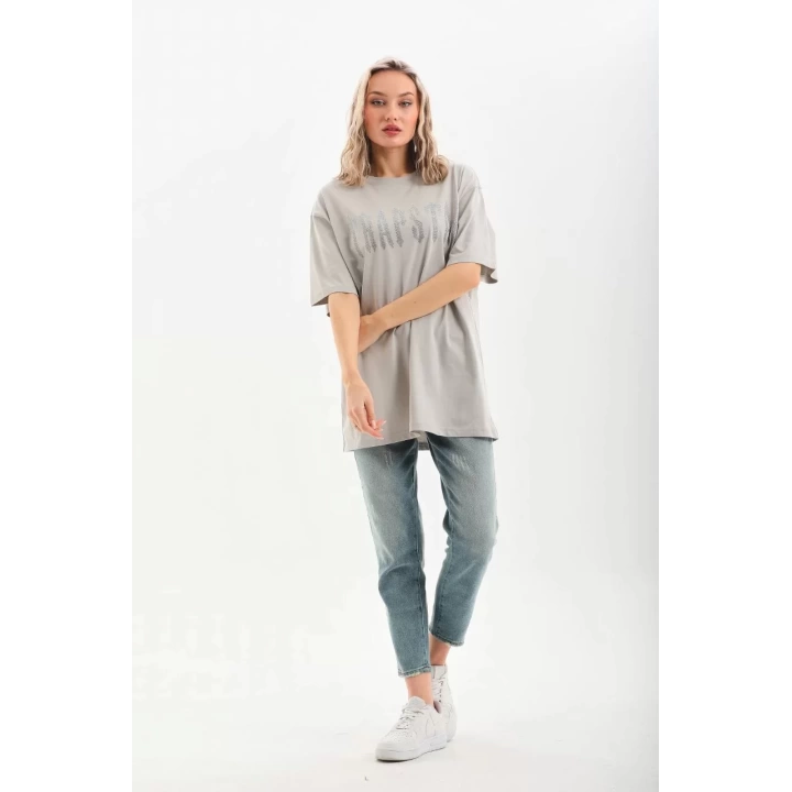 Unisex Taş Desenli Oversize T-Shirt - Gri