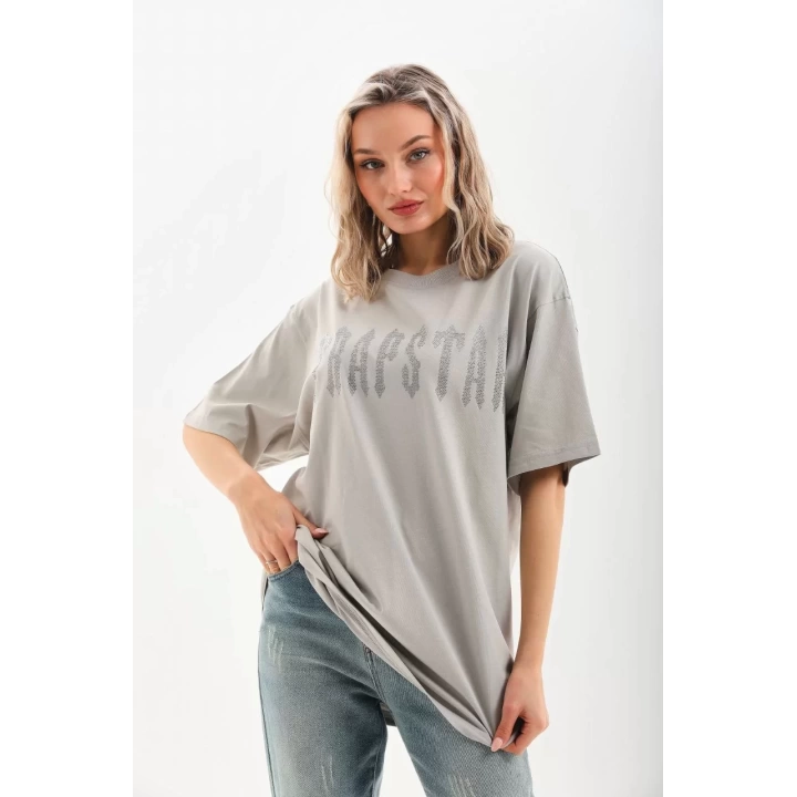 Unisex Taş Desenli Oversize T-Shirt - Gri