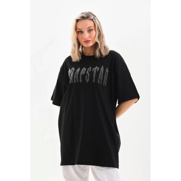 Unisex Taş Desenli Oversize T-Shirt - Siyah