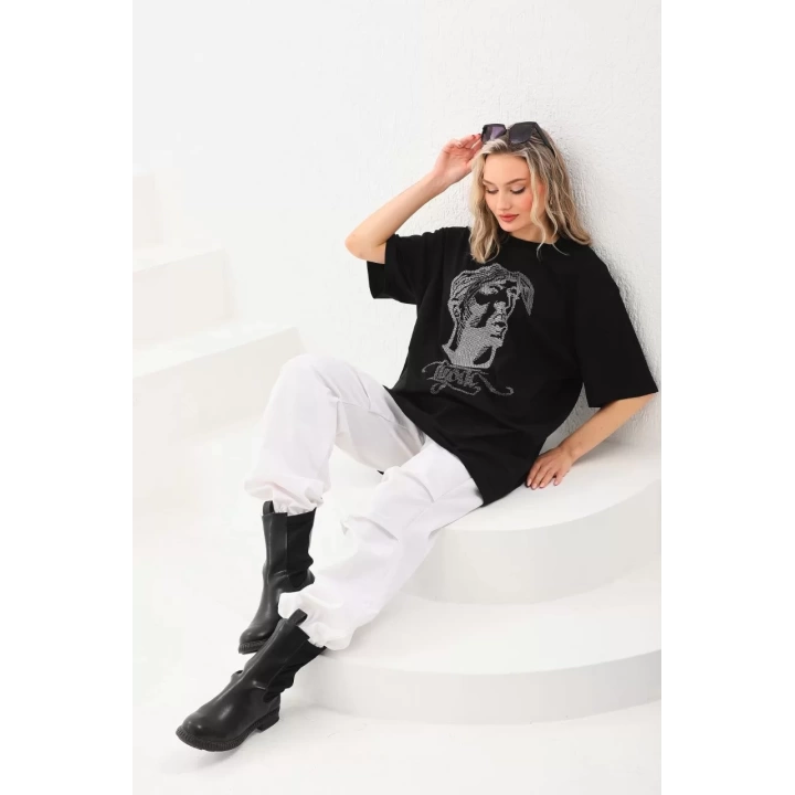 Unisex Taş Desenli Oversize T-Shirt - Siyah