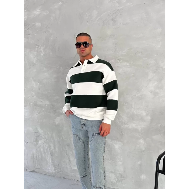 Unisex Üç İplik Parçalı Yakalı SweatShirt - Yeşil
