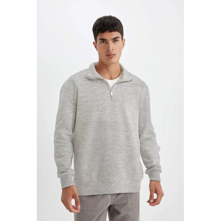 Unisex Uzun Kol Yarım Farmuarlı Yakalı Basic SweatShirt - Gri