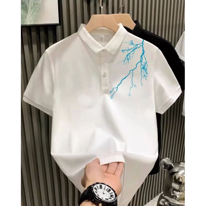 Unisex Yakası Düğmeli Oversize Baskılı T-Shirt - Beyaz