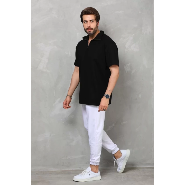 Unisex Yarım Fermuarlı Düz Oversize T-shirt - Siyah