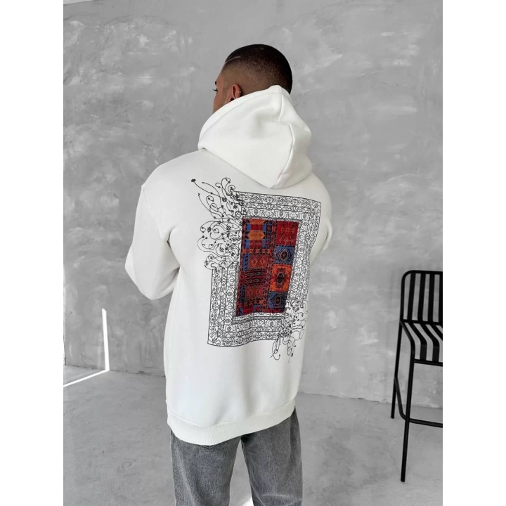 Uzun Kol Kapüşonlu Ön Ve Arka Baskılı SweatShirt - Beyaz