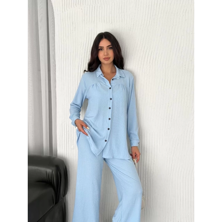 Yakalı Düğmeli Uzun Kollu Gömlek Pantolon ikili Takım - Bebek Mavisi