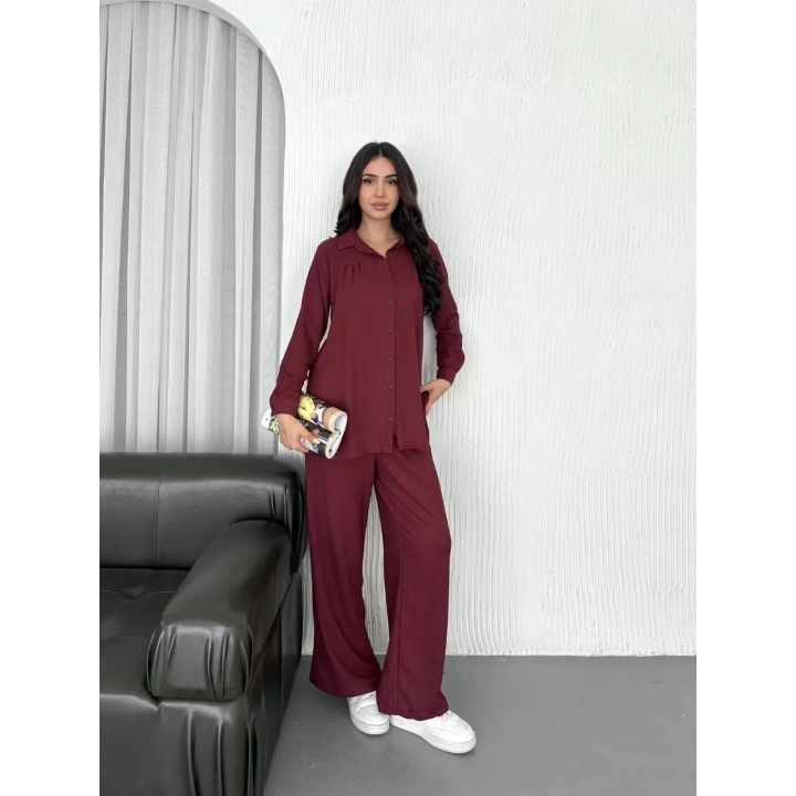 Yakalı Düğmeli Uzun Kollu Gömlek Pantolon ikili Takım - Bordo