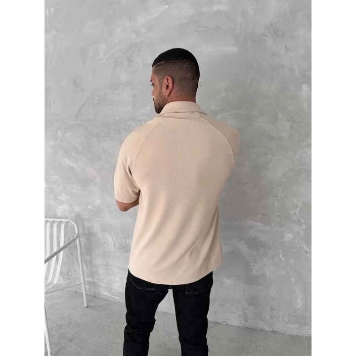 Yakalı Patlı Kısa Kol T-shirt - Bej