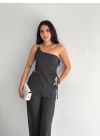 Asimetrik Crop Pantalon ikili Takım - Füme