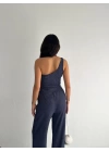 Asimetrik Crop Pantalon ikili Takım - Lacivert