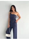 Asimetrik Crop Pantalon ikili Takım - Lacivert
