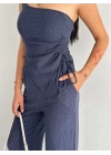 Asimetrik Crop Pantalon ikili Takım - Lacivert