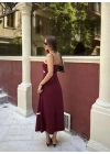 Askılı Uzun Şerit Detaylı Şık ve Rahat Elbise - Bordo