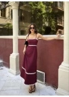 Askılı Uzun Şerit Detaylı Şık ve Rahat Elbise - Bordo