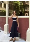 Askılı Uzun Şerit Detaylı Şık ve Rahat Elbise - Lacivert