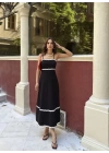 Askılı Uzun Şerit Detaylı Şık ve Rahat Elbise - Siyah