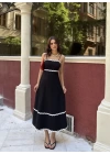 Askılı Uzun Şerit Detaylı Şık ve Rahat Elbise - Siyah