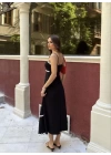 Askılı Uzun Şerit Detaylı Şık ve Rahat Elbise - Siyah