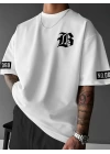 Baskılı Oversize Bisiklet Yaka T-shirt - Beyaz