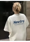 Baskılı Oversize Bisiklet Yaka T-shirt - Beyaz