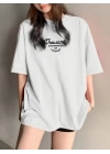 Baskılı Oversize Bisiklet Yaka T-shirt - Beyaz