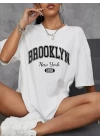Baskılı Oversize Bisiklet Yaka T-shirt - Beyaz