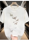 Baskılı Oversize Bisiklet Yaka T-shirt - Beyaz
