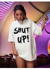 Baskılı Oversize Bisiklet Yaka T-shirt - Beyaz