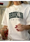 Baskılı Oversize Bisiklet Yaka T-shirt - Beyaz