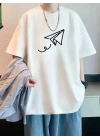 Baskılı Oversize Bisiklet Yaka T-shirt - Beyaz