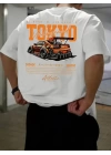 Baskılı Oversize Bisiklet Yaka T-shirt - Beyaz