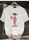 Baskılı Oversize Bisiklet Yaka T-shirt - Beyaz