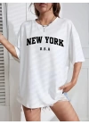 Baskılı Oversize Bisiklet Yaka T-shirt - Beyaz