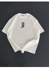 Baskılı Oversize Bisiklet Yaka T-shirt - Beyaz
