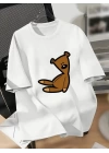 Baskılı Oversize Bisiklet Yaka T-shirt - Beyaz