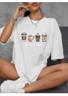 Baskılı Oversize Bisiklet Yaka T-shirt - Beyaz