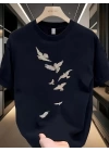 Baskılı Oversize Bisiklet Yaka T-shirt - Beyaz
