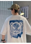 Baskılı Oversize Bisiklet Yaka T-shirt - Beyaz