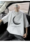 Baskılı Oversize Bisiklet Yaka T-shirt - Beyaz