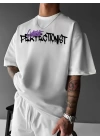 Baskılı Oversize Bisiklet Yaka T-shirt - Beyaz