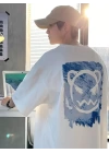 Baskılı Oversize Bisiklet Yaka T-shirt - Beyaz