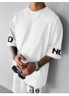 Baskılı Oversize Bisiklet Yaka T-shirt - Beyaz