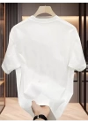 Baskılı Oversize Bisiklet Yaka T-shirt - Beyaz