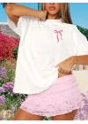 Baskılı Oversize Bisiklet Yaka T-shirt - Beyaz