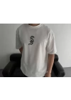 Baskılı Oversize Bisiklet Yaka T-shirt - Beyaz